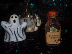 A product photo of a spell jar with the label "Shield of Mushroom" in the right background is a ceramic ghost and hourglass.