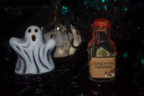 A product photo of a spell jar with the label "Shield of Mushroom" in the right background is a ceramic ghost and hourglass.